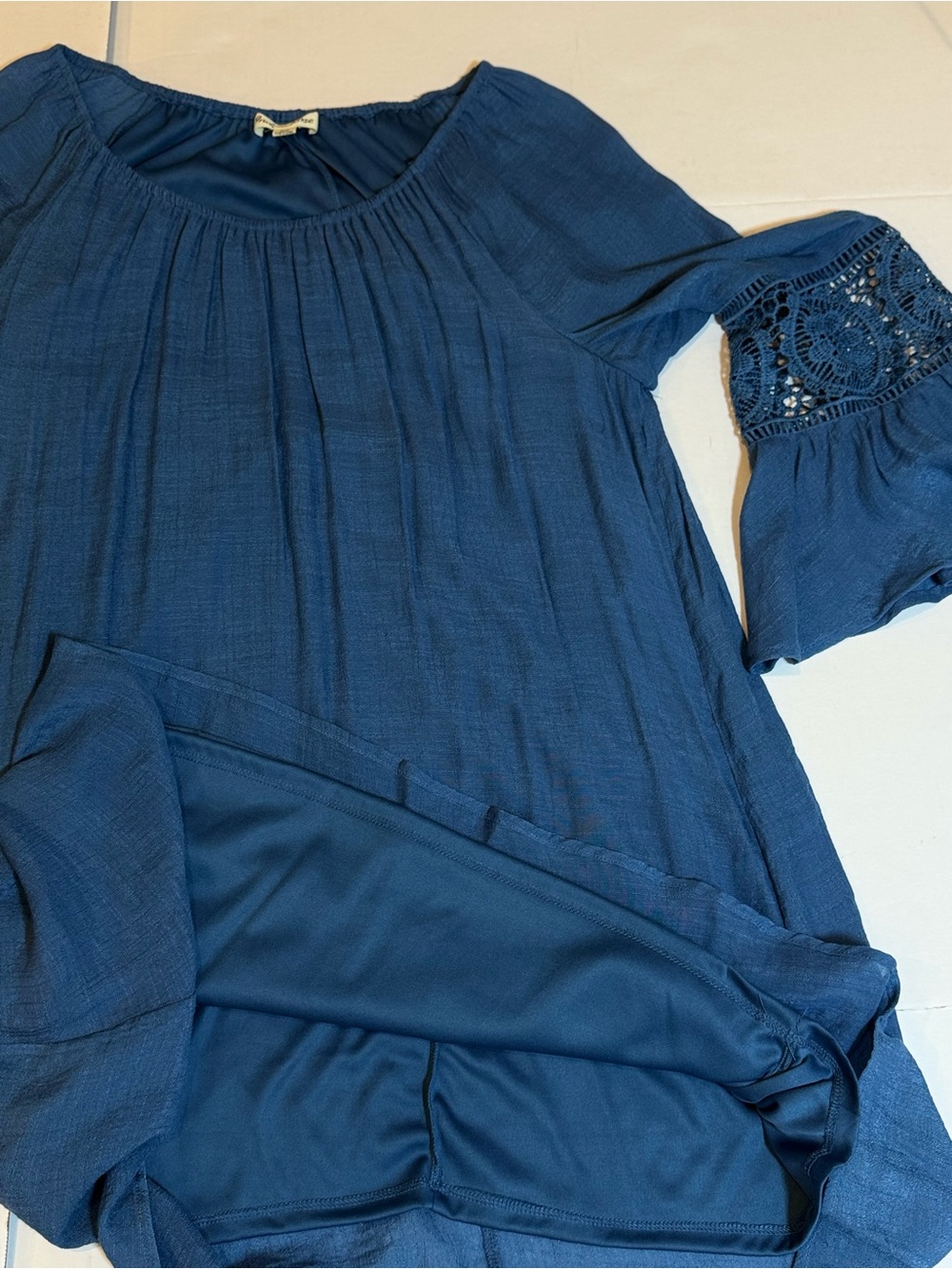 Blue Boho Peasant Beach Resort Coastal Casual Crochet Bell Sleeve Tunic Dress 2X - Picture 8 of 8